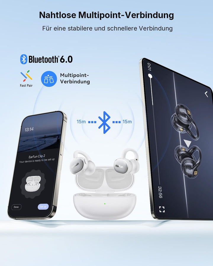 EarFun Clip 2 Open Ear Kopfhörer, Bluetooth Clip On Earbuds, Komfortabel und stabil, 12 mm Titanium-
