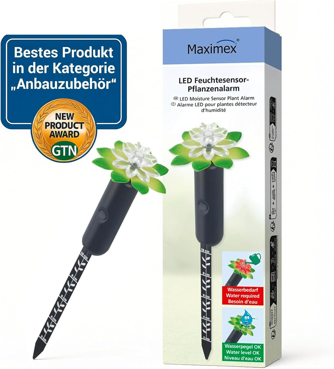 Maximex LED Feuchtigkeitsmessgerät für Pflanzen, Feuchtigkeitsmesser und Giessanzeiger für Zimmerpfl