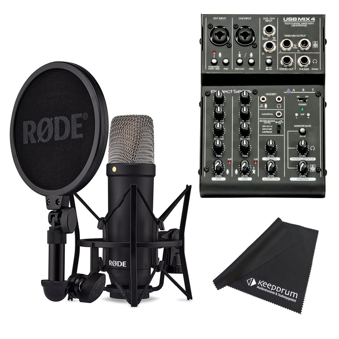Rode NT1 Signature Black Kondensator-Mikrofon + Art USBMix4 Mischpult + keepdrum Mikrofasertuch Bund