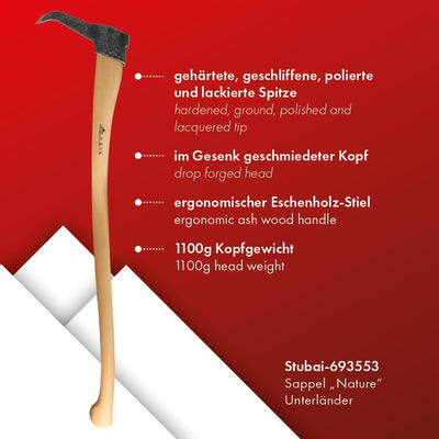 STUBAI Sappie Nature mit Zahnung | Sappel Unterländer Form mit Eschenholz-Stiel | 1100 g Kopfgewicht