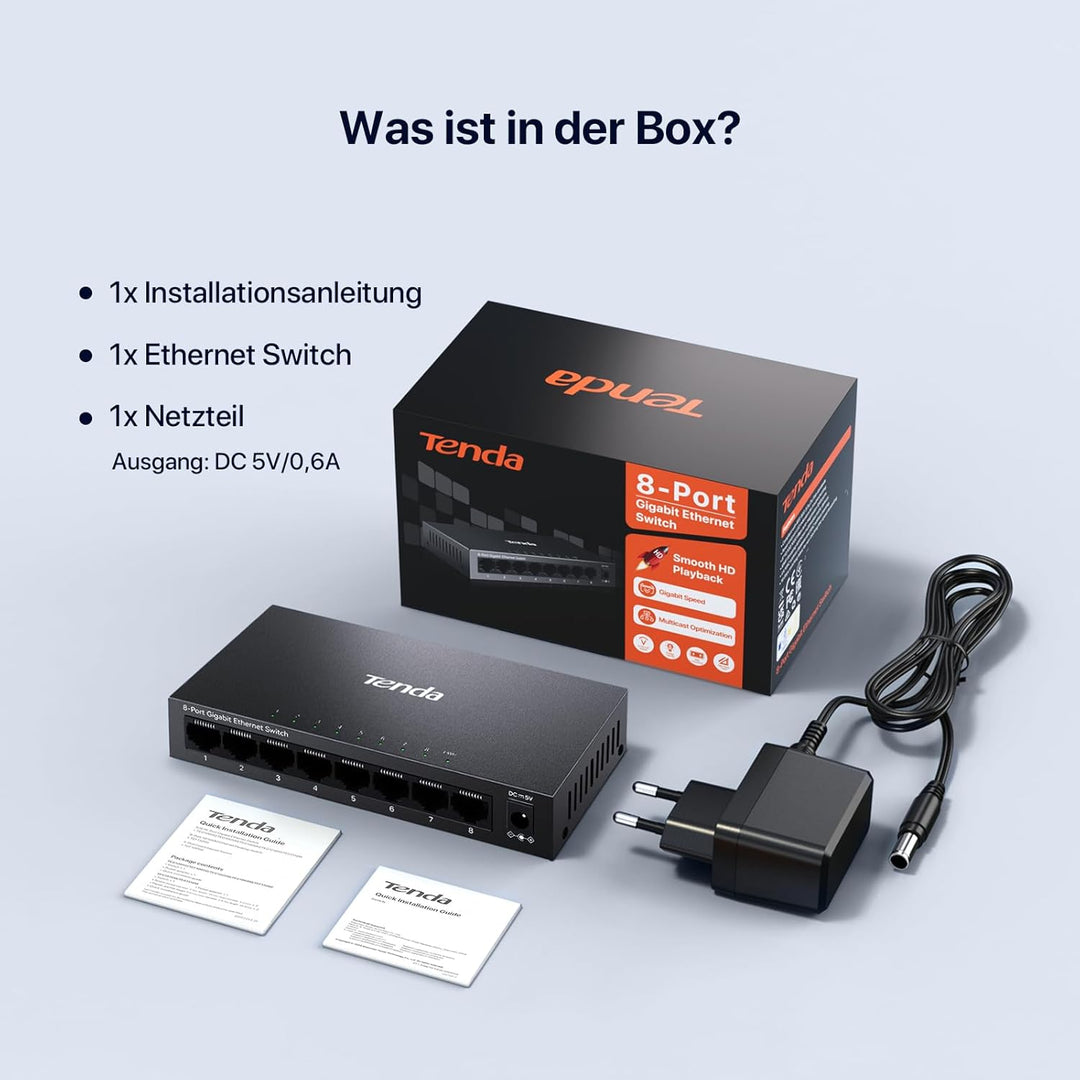 Tenda LAN Switch 8 Port Gigabit Netzwerk Switch Ethernet Splitter (IGMP-Snooping, QoS, Plug-and-Play