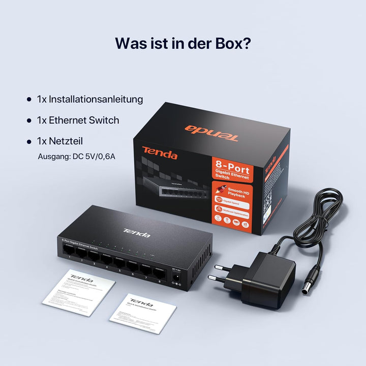 Tenda LAN Switch 8 Port Gigabit Netzwerk Switch Ethernet Splitter (IGMP-Snooping, QoS, Plug-and-Play