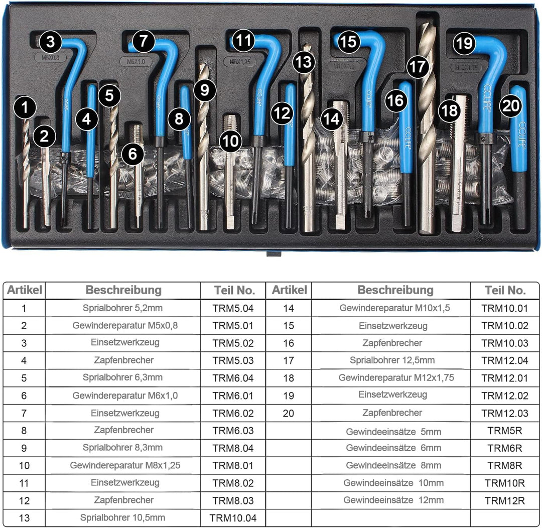 CCLIFE 131-tlg Gewindereparatur Gewinde Reparatur Satz mit M5 M6 M8 M10 M12 | Einsätze, Gewinderepar