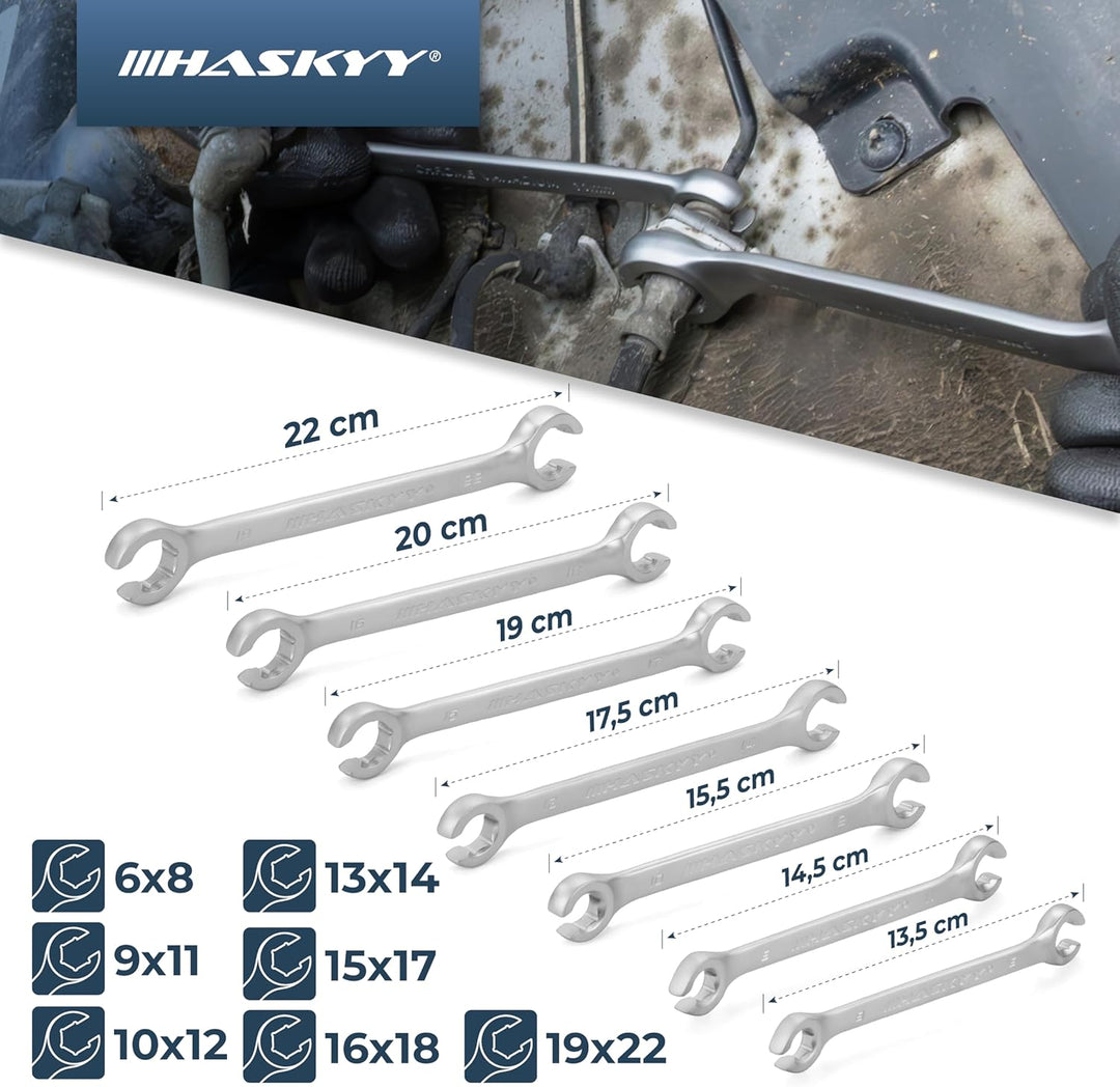 HASKYY Bremsleitungsschlüssel Set Maulschlüssel offener 7 tlg. Doppelringschlüssel 6-22 mm Satz Ring