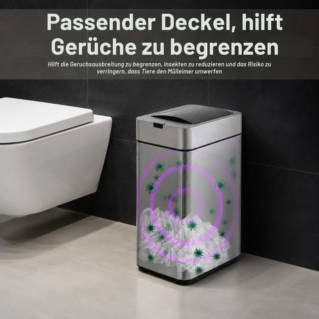 Mülleimer 9L mit Sensor, Edelstahl, automatischer Deckel, Silber