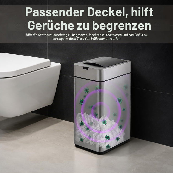 Mülleimer 9L mit Sensor, Edelstahl, automatischer Deckel, Silber