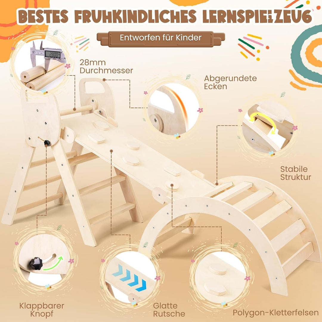 7-in-1 Montessori Klettergerüst Indoor Set, Verformbares Kletterdreieck mit Rutsche und Kletterbogen