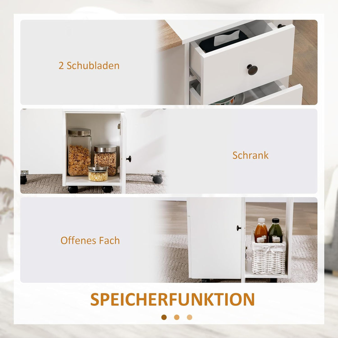 HOMCOM Faltbarer Küchentisch, Esstisch, 2 Klapptische mit 2 Schubladen, 1 Schrank und 1 Aufbewahrung