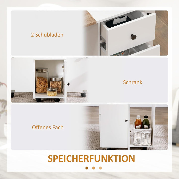HOMCOM Faltbarer Küchentisch, Esstisch, 2 Klapptische mit 2 Schubladen, 1 Schrank und 1 Aufbewahrung
