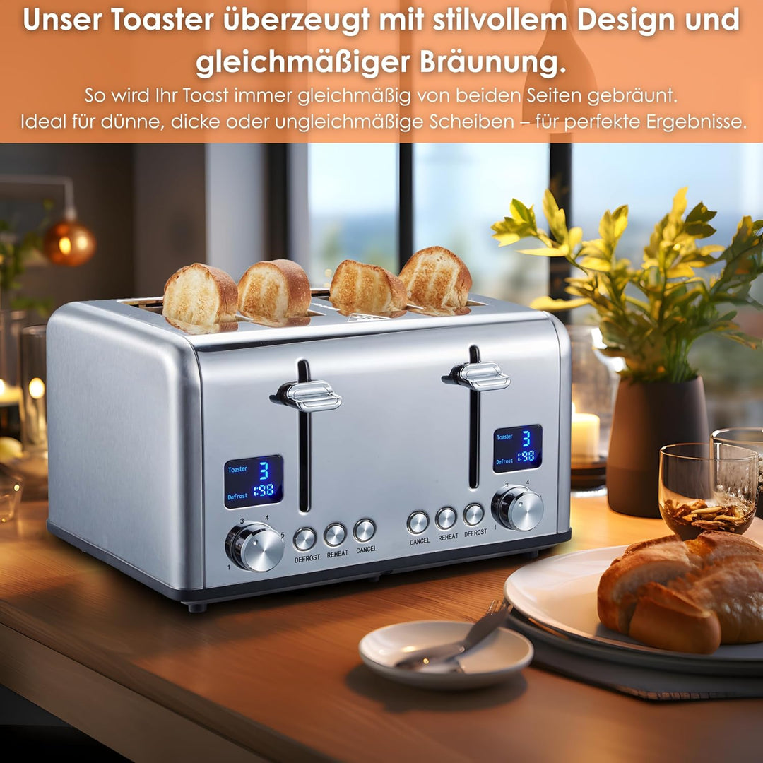 Toaster Langschlitz | Digitales Display mit Countdown | Beleuchtete Tasten | 4 Scheiben Toastautomat