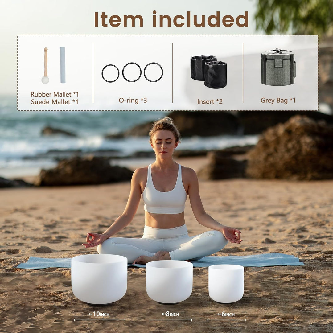 CVNC Set von 3 Singbäuchen 440Hz 6" A-Ton 8" F-Ton und 10" C-Ton Schimmernder Chakra-Quarz Kristall