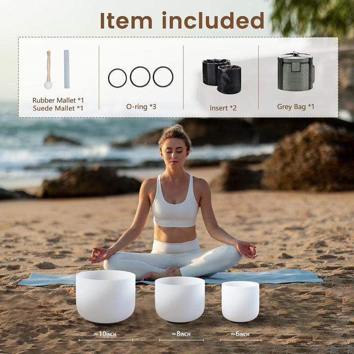 CVNC Set von 3 Singbäuchen 440Hz 6" A-Ton 8" F-Ton und 10" C-Ton Schimmernder Chakra-Quarz Kristall