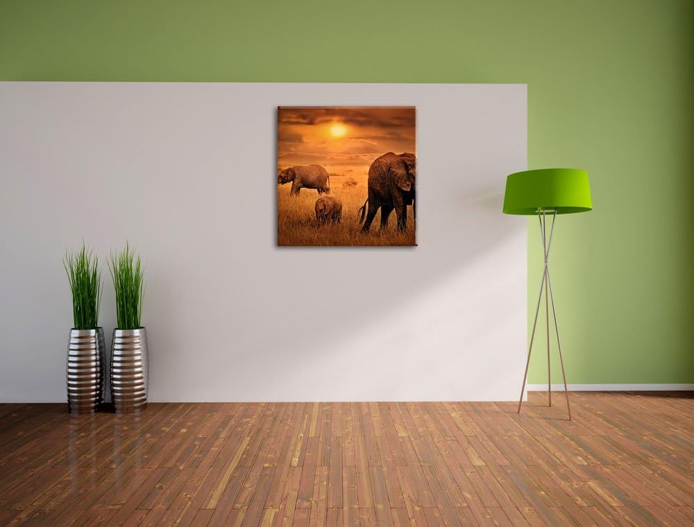 Pixxprint Elefanten in der Savanne als Leinwandbild Quadratisch/Grösse: 70x70 / Wandbild/Kunstdruck/