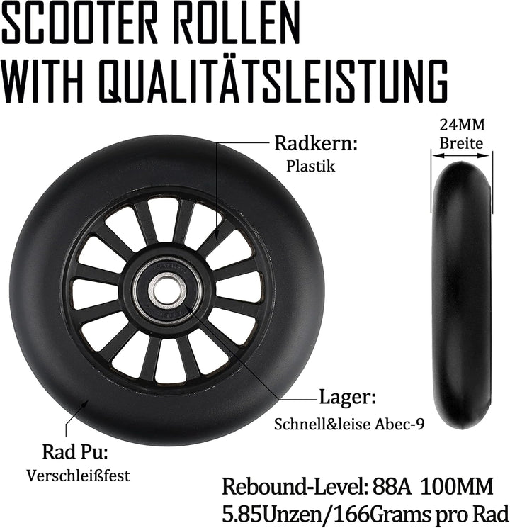 100mm Scooter Rollen - 2 Stück 100mm Scooter Ersatzräder räder mit ABEC-9 Lager - Plastik stunt scoo