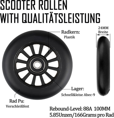100mm Scooter Rollen - 2 Stück 100mm Scooter Ersatzräder räder Wheels mit ABEC-9 Lager - 88A stunt s