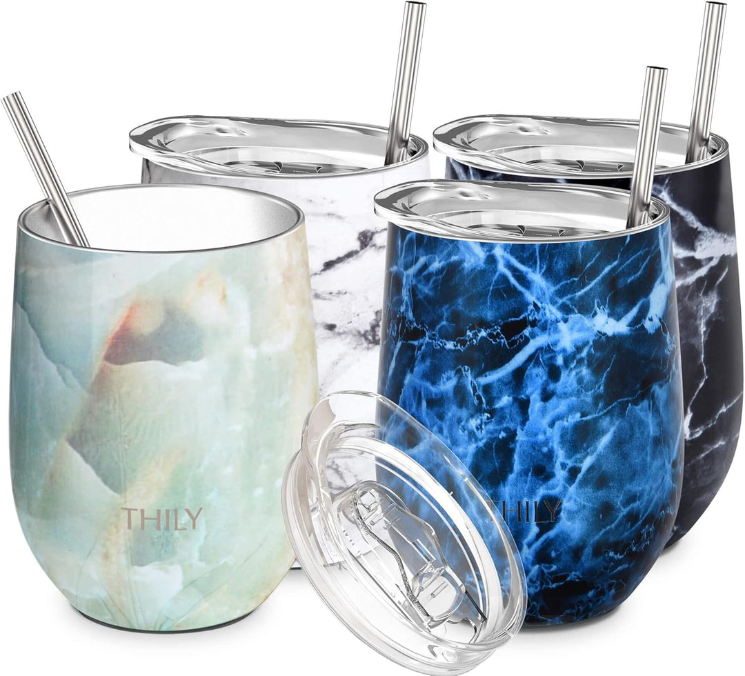 THILY Edelstahl-Weinbecher ohne Stiel 4er-Pack vakuumisolierte Reise-Weingläser mit Schiebedeckeln u