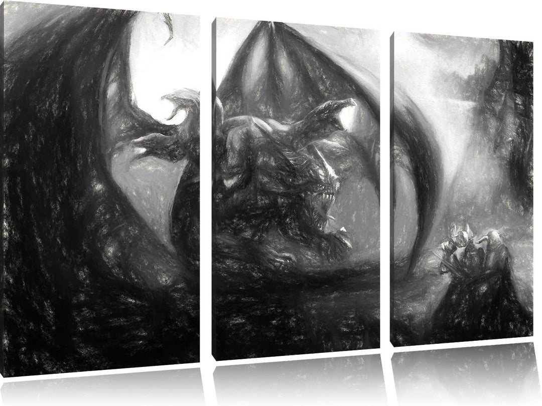 Pixxprint Drachen Schlangen / 3-Teilig/Gesamtmass 120cm Leinwandbild bespannt auf Holzrahmen/Wandbil
