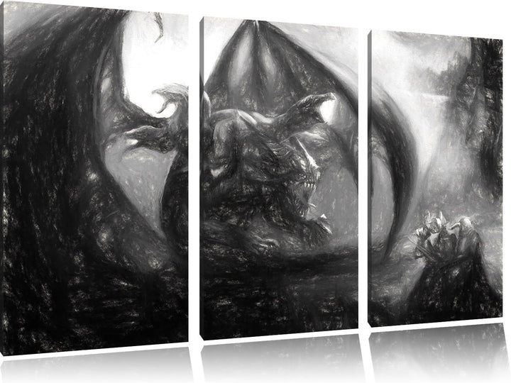 Pixxprint Drachen Schlangen / 3-Teilig/Gesamtmass 120cm Leinwandbild bespannt auf Holzrahmen/Wandbil