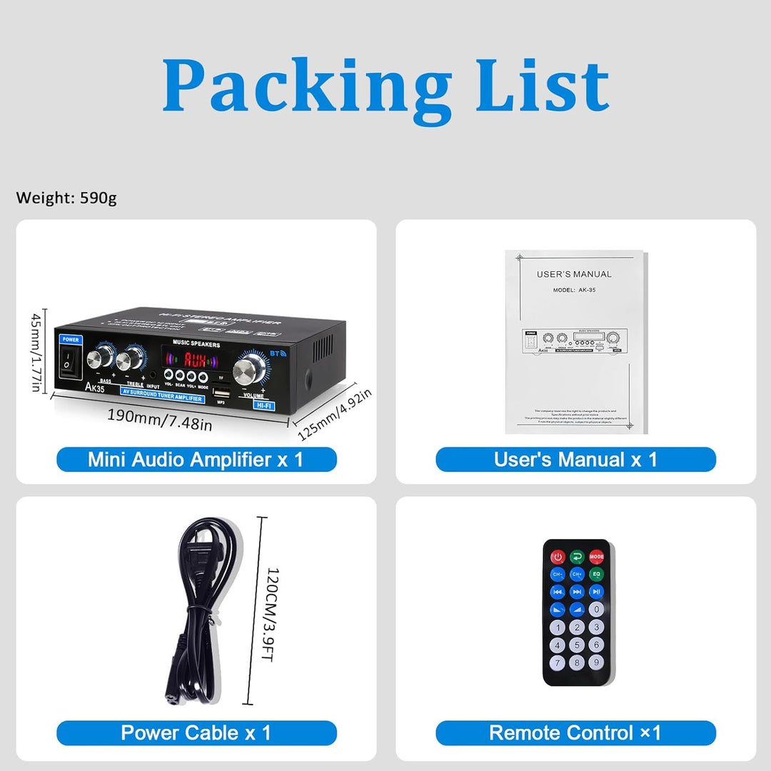 AK35 Stereo-Audio-Verstärker, 200 W, 2 Kanäle, kabellos, Bluetooth 5.0, Endstufe, Heimverstärker, FM