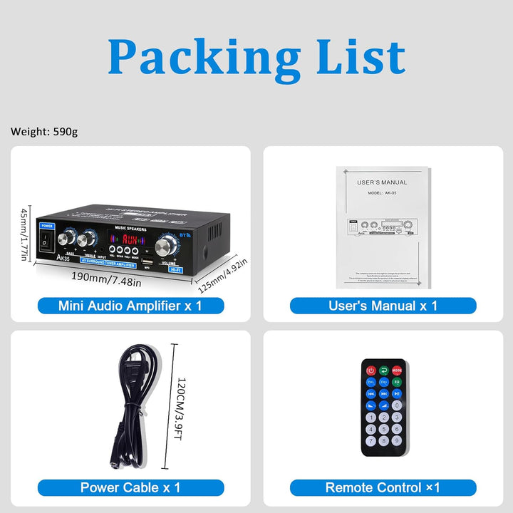 AK35 Stereo-Audio-Verstärker, 200 W, 2 Kanäle, kabellos, Bluetooth 5.0, Endstufe, Heimverstärker, FM