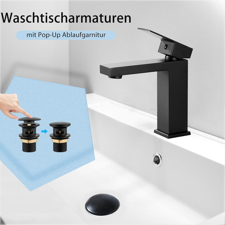 Wasserhahn Bad Schwarz, Waschtischarmatur mit Pop Up Ablaufgarnitur, Mischbatterie Einhebelmischer W