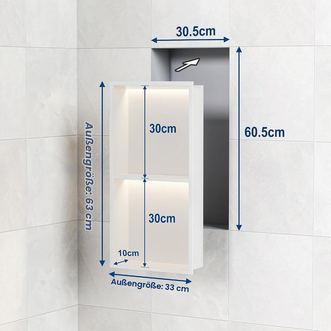 Wandnische Dusche Edelstahl mit LED-Beleuchtung, Doppel-Duschnische mit Regal Weiss Lagerung für Bad