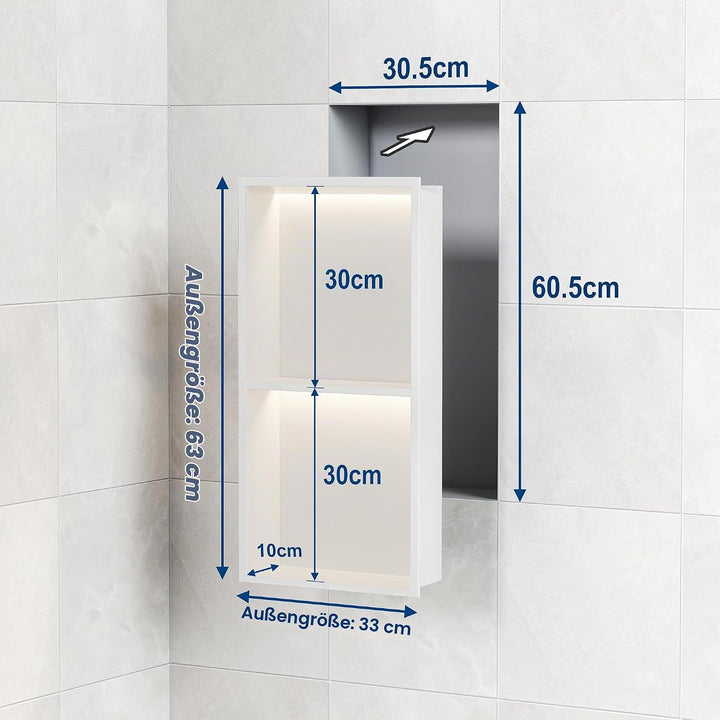 Wandnische Dusche Edelstahl mit LED-Beleuchtung, Doppel-Duschnische mit Regal Weiss Lagerung für Bad