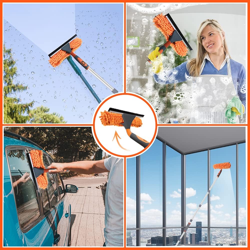 AIRLIWELL Fensterwischer-Reiniger und Staubwedel, Fensterteleskopstiel, Mikrofaser, Gummi, Orange