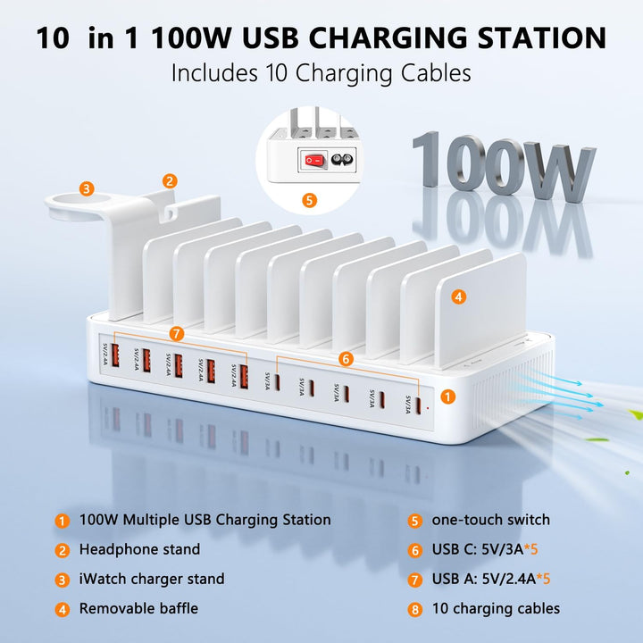 Ladestation Mehrere Geräte, USB C ladestation 100W, 10 Ports USB-Schnellladegerät Mit Uhrenhalterung