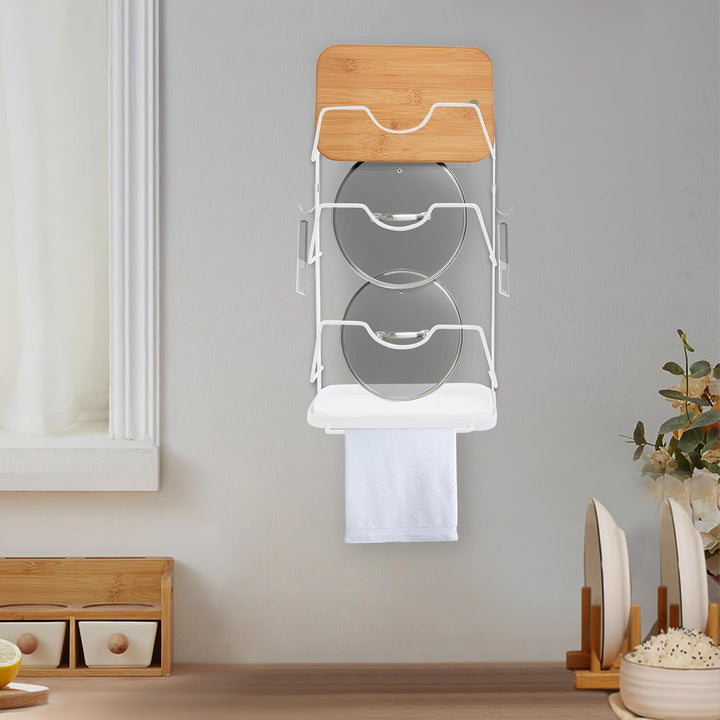 Topfdeckelhalter Wand, Hängender Deckelhalter mit 5 Fächern und 2 Haken, Selbstklebend Halterung top
