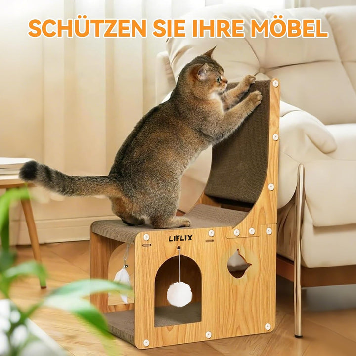 LIFLIX L-förmiges Doppelschicht Kratzbrett für Katzen, 67cm Kratzpappe mit Katzenhaus zum Kratzen Ve