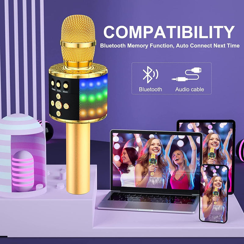 BONAOK Drahtloses Bluetooth-Karaoke-Mikrofon mit steuerbaren LED-Leuchten, Tragbarer Karaoke-Maschin