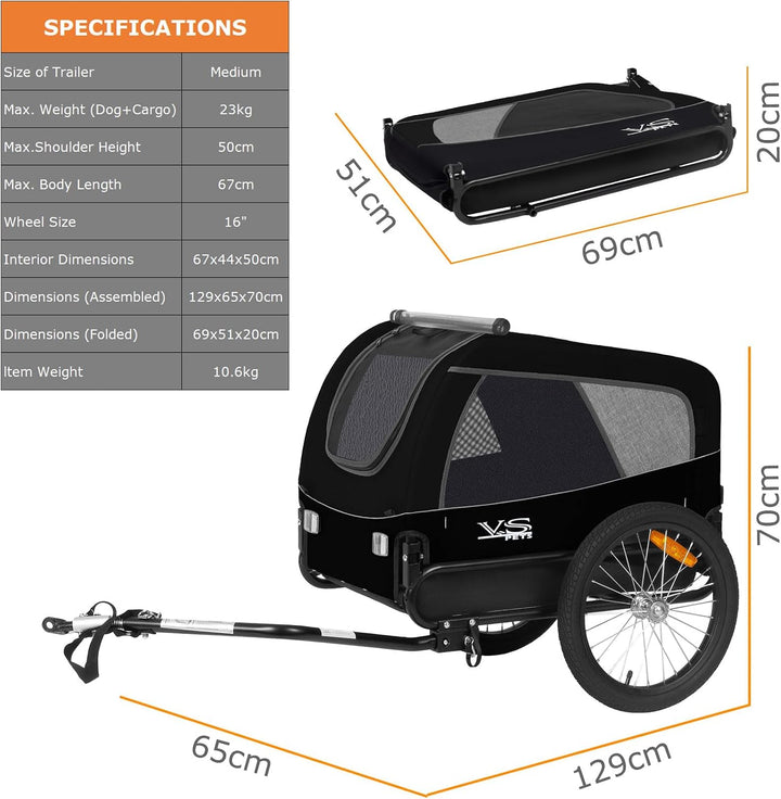 Tiggo VS Medium Hundeanhänger Fahrradanhänger für Hunden bis 23kg Schwarz, Schwarz