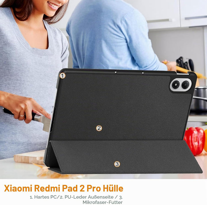 GIOPUEY Hülle Kompatibel mit Xiaomi Redmi Pad 2 Pro 12.1 2025, Flip Case [Bracket-Funktion] 360° Sch