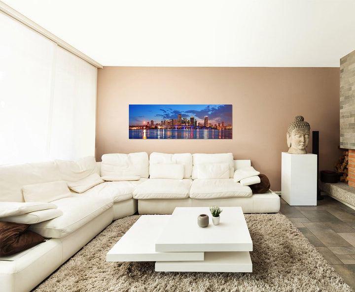 Paul Sinus Art Panoramabild auf Leinwand und Keilrahmen 120x40cm Miami Skyline Wasser Spiegelung Däm