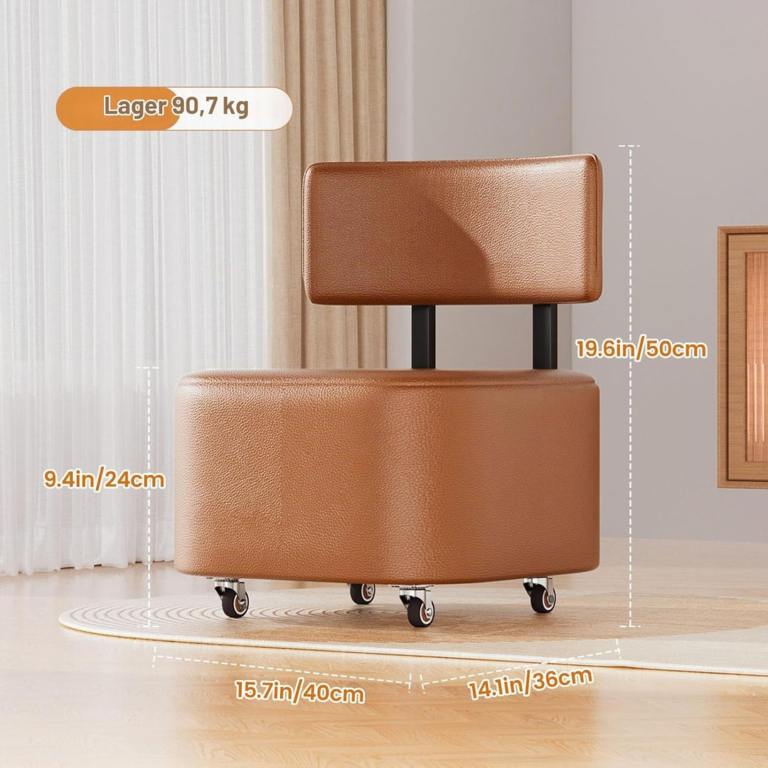 Rollstuhl PU-Leder Niedriger Rollhocker, Kleiner Hocker Mit Rollen Und Rückenlehne, Rollhocker Tritt