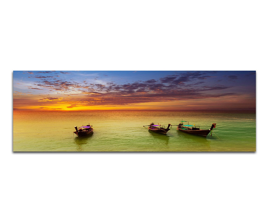 Paul Sinus Art Panoramabild auf Leinwand und Keilrahmen 150x50cm Thailand Strand Meer Boote Abendrot