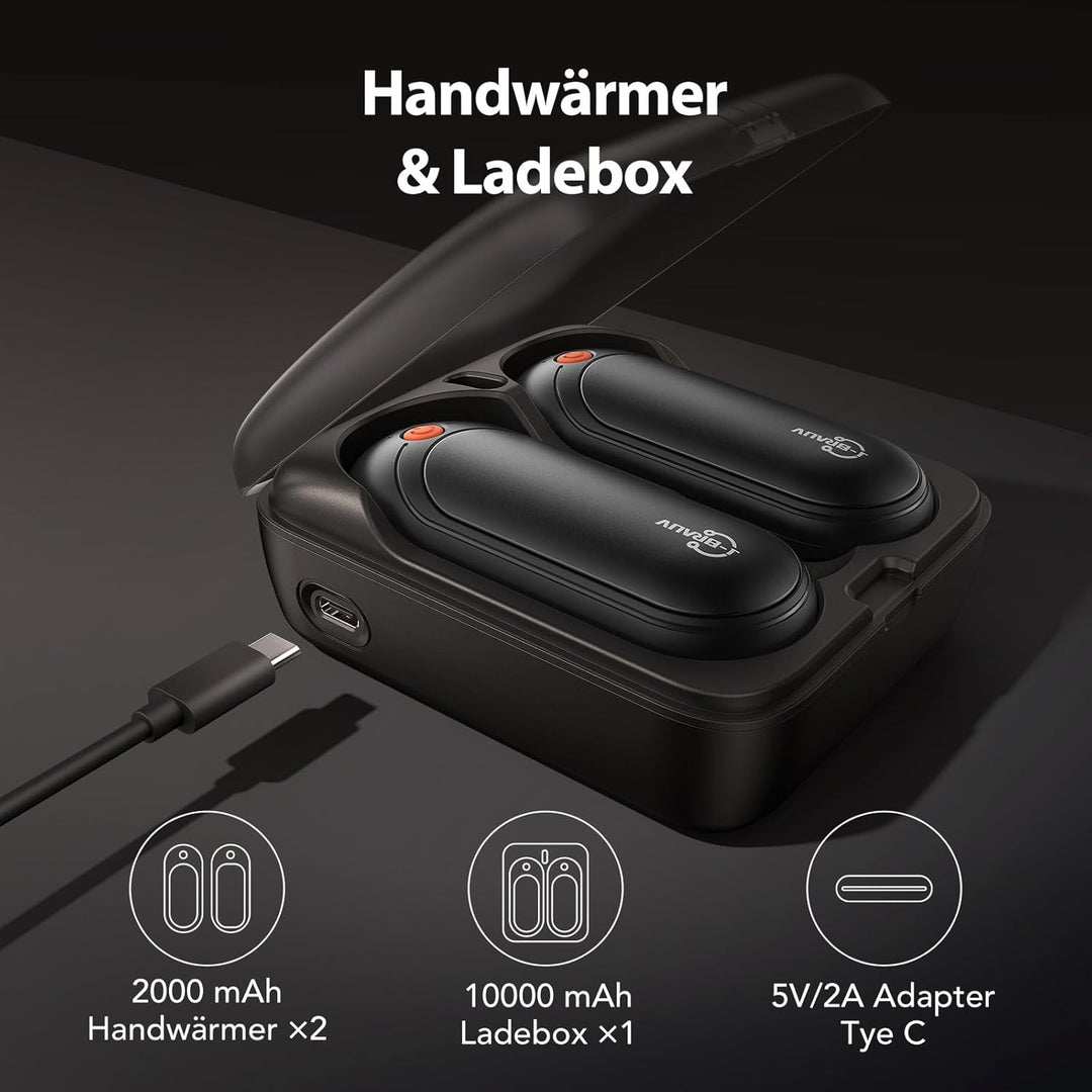 Handwärmer Elektrisch 2er Set, 2000mAh Taschenwärmer Wiederverwendbar Mit 10000mAh Ladebox, 5 Heizst