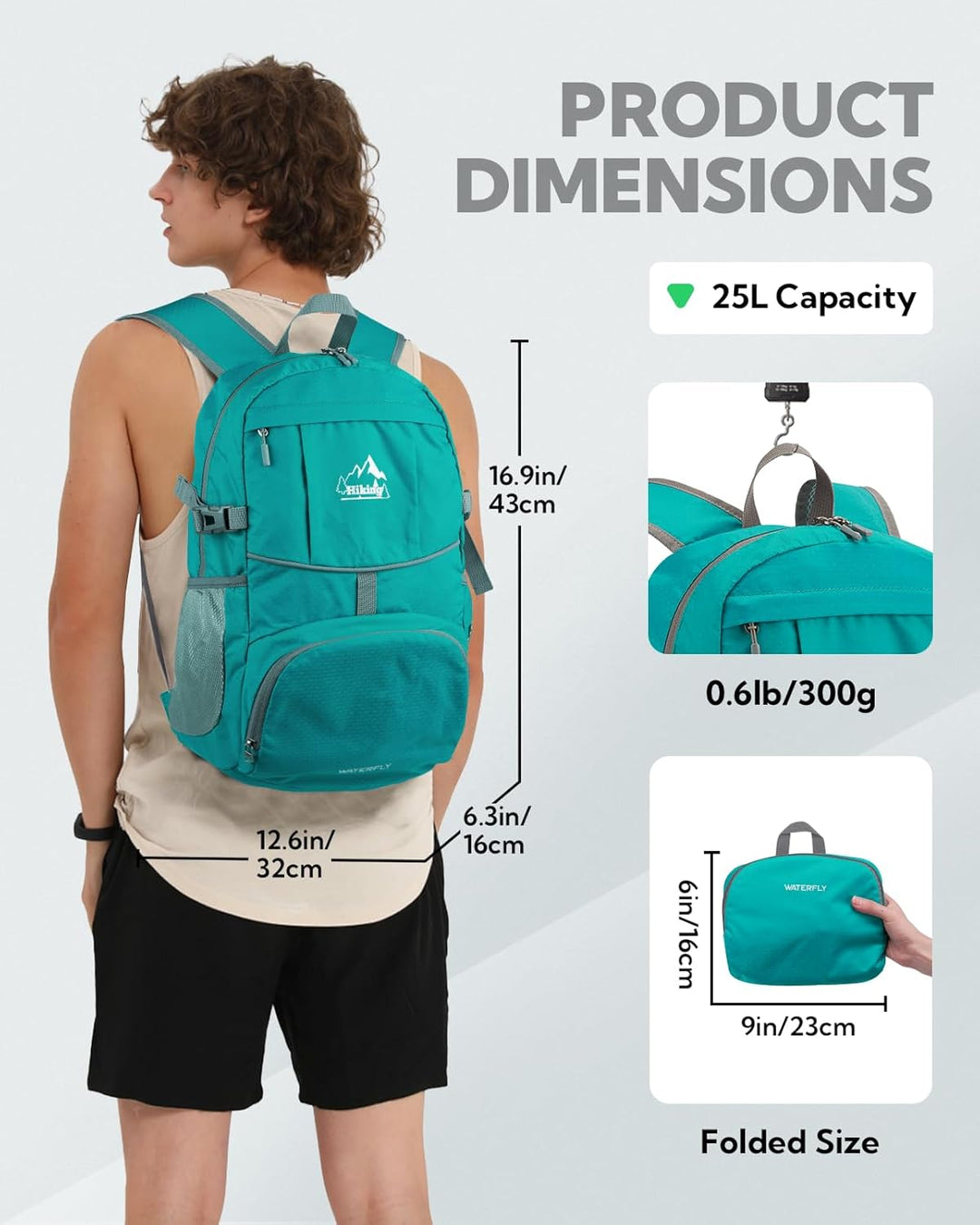 WATERFLY Faltbarer Rucksack Ultraleicht Wanderrucksack: 25L Leichter Tagesrucksack Sportlich Packabl