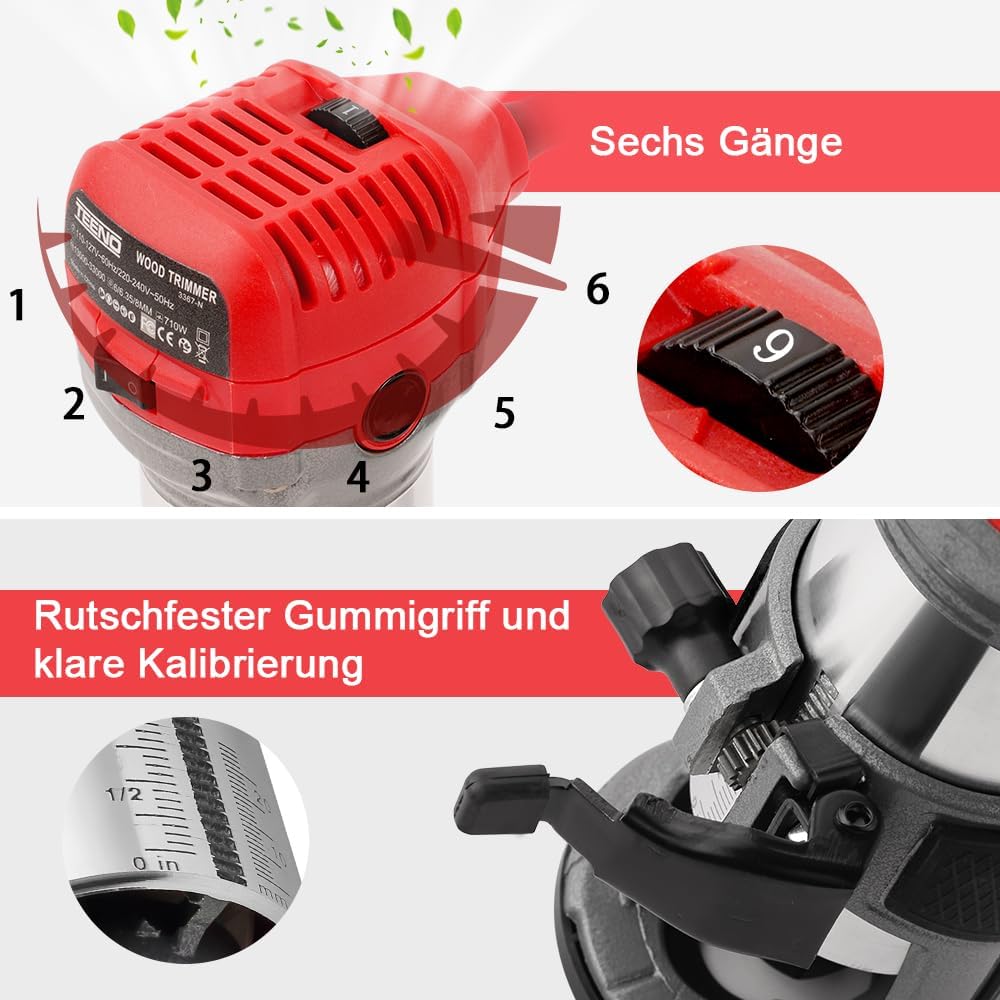 TEENO Holzfräse Oberfräse 710W 13000–33000 U/min mit Staubabsaugungsanschluss, Elektrik Kantenfräse