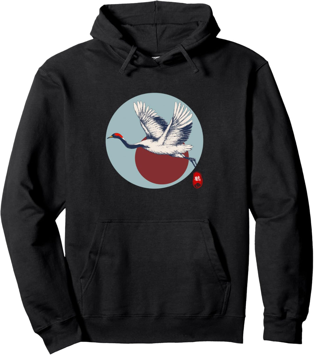 Rotkran | Japanischer Vogel Tsuru mit Flagge von Japan Pullover Hoodie