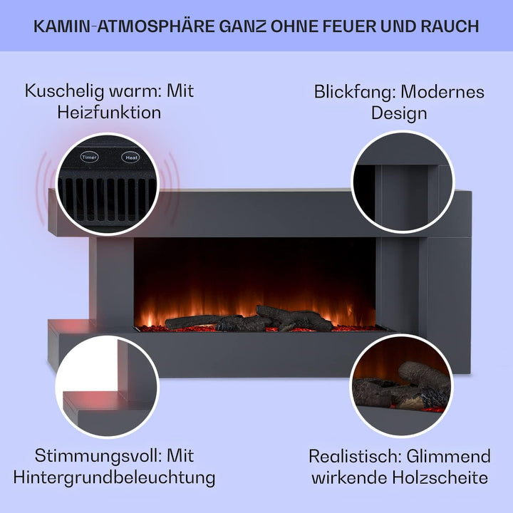 Klarstein Deko Kamin mit LED-Flammen, Elektro Kamin mit Heizung, 2000W Elektrisch, Sparsam, Wandkami