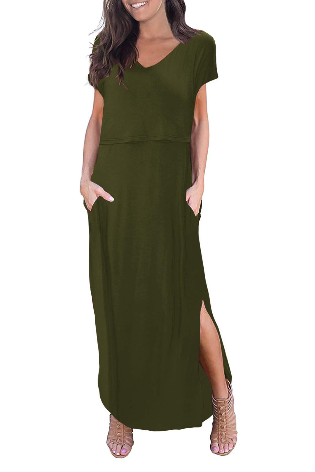 Smallshow Damen Lang Split Stillkleid Kurzarm Umstandskleid Sommer XL Armeegrün, XL Armeegrün