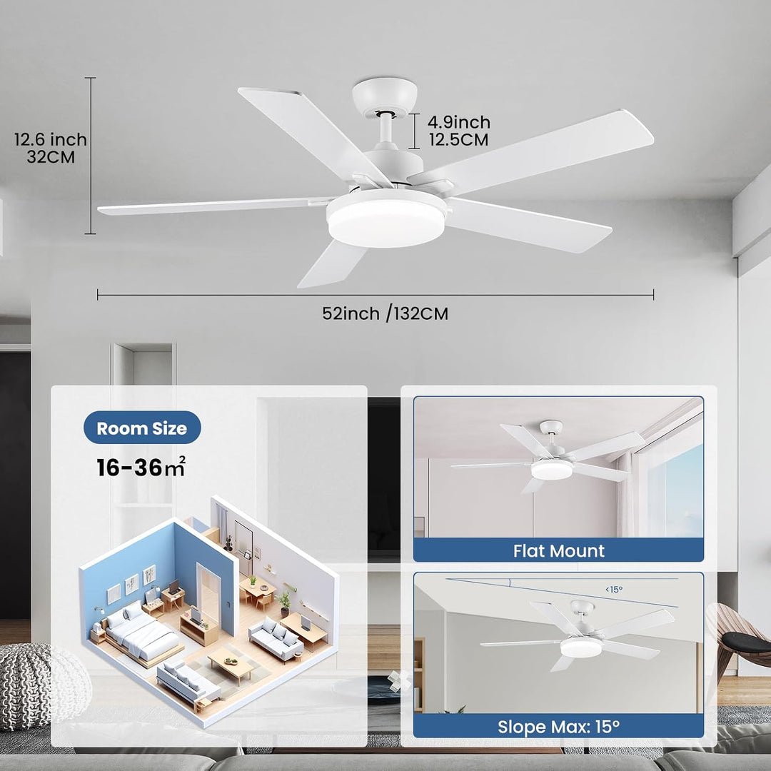 Newday 132cm Grosse Deckenventilatoren Weiss mit Beleuchtung und Fernbedienung Leise, 5 Flügel, Dimm