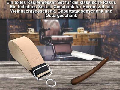 Geschenkidee für Herren Väter | Rasier Set für Männer mit Rasiermesser Holzgriff und Streichriemen a