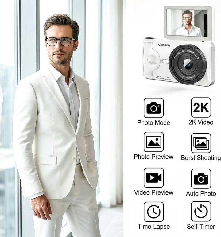 4K Digitalkamera 64MP Autofokus 3,0 Zoll 180°Klappbildschirm Wiederaufladbar Tragbar für Fotos&amp;Vlogs