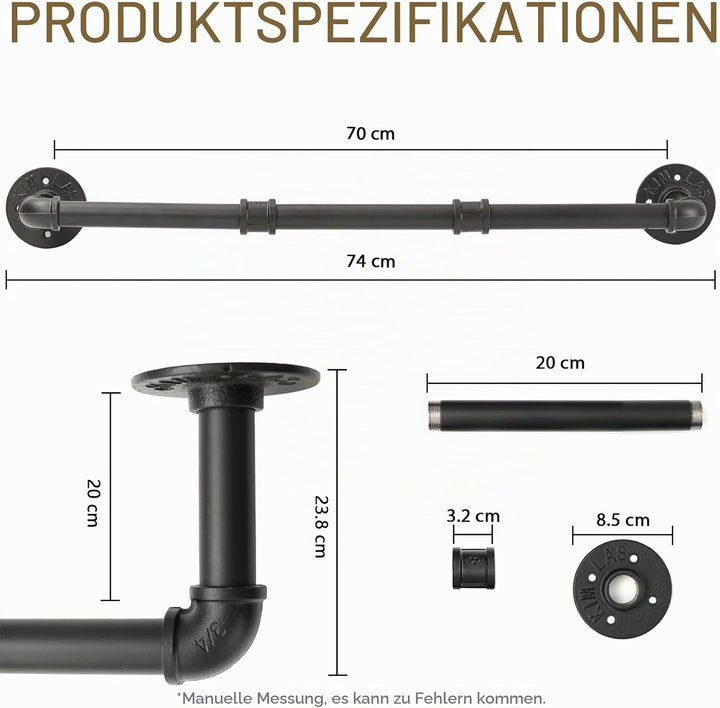 Kleiderstange Wandmontage Schwarz 76cm, Klassische und Vintage Garderobenstange im Industrie-Design
