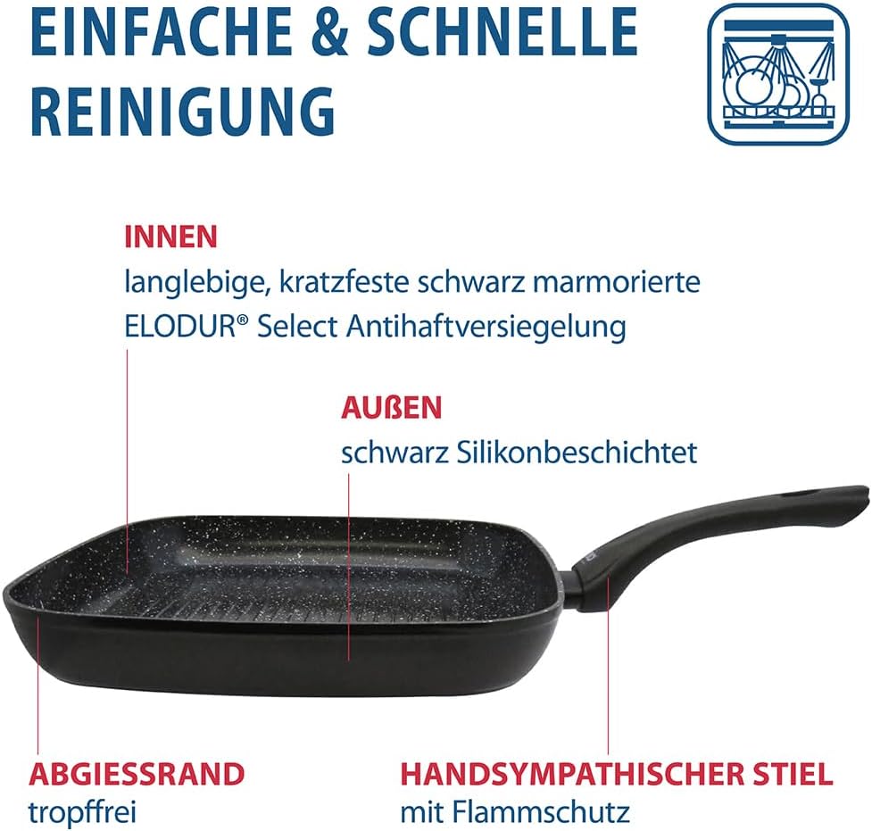 ELO 59558 Grillpfanne 28x28cm PURE BELUGO innen mit keramischer Beschichtung, geeignet für alle Herd