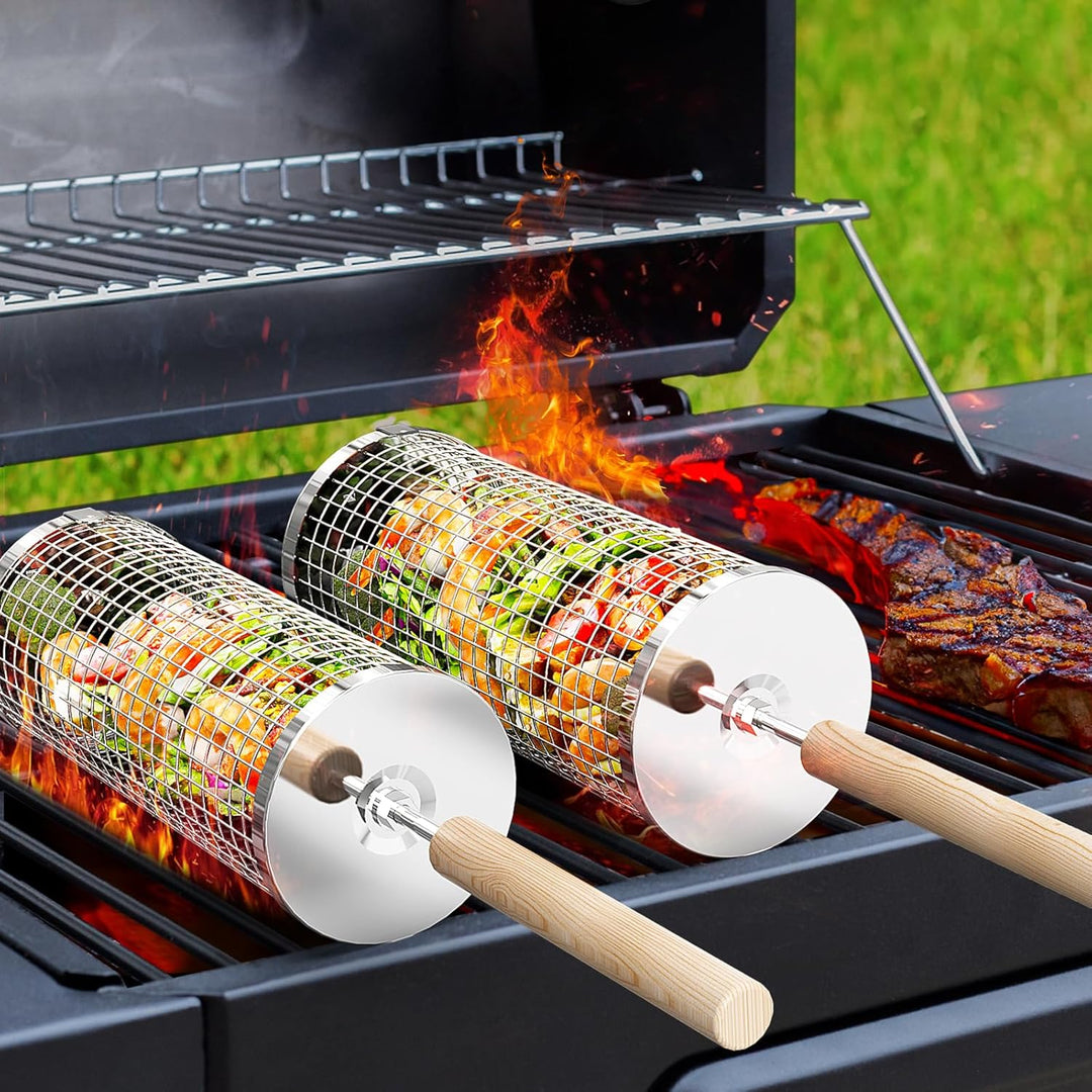 Ivtivfu Nestendes Rollendes Grillkorb Set mit Holzgriff (2 Stück, 24cm × 10cm), Rolling Grilling Bas