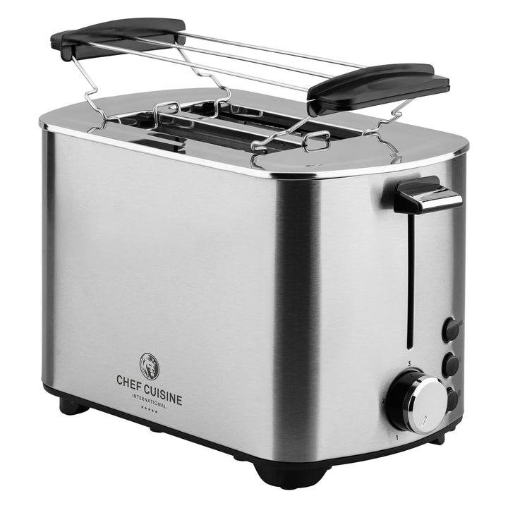 CHEF CUISINE Design-Edelstahltoaster 850W, 2 Scheiben, 5 Bräunungsstufen, Auftau- & Aufwärmfunktion,